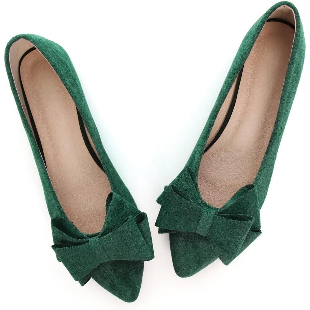 Women's Christmas Green Bowknot Ballet Flats Pointy Toe Casual Flat Shoes Suede - Picture 4 of 7
